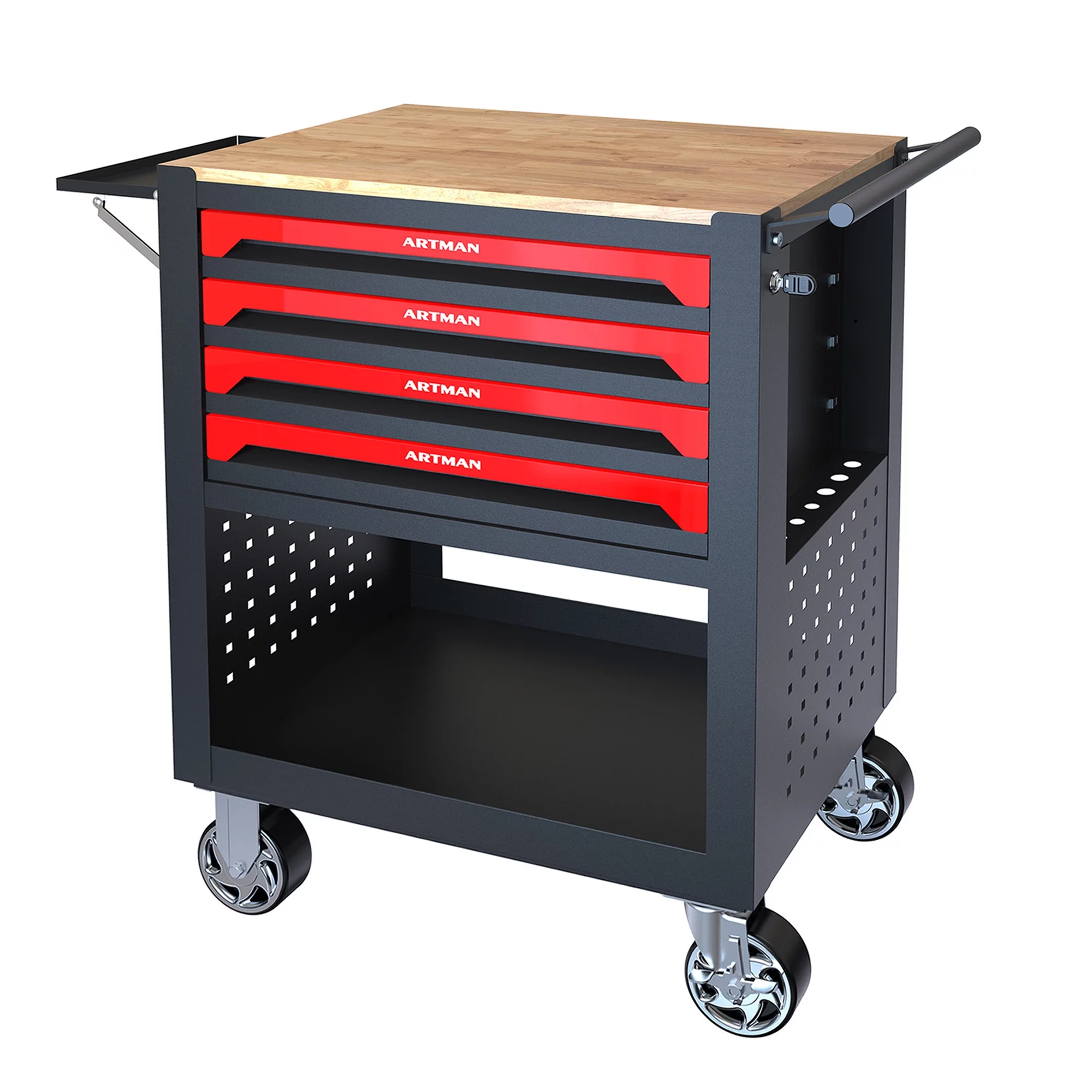 Seizeen 4-Tier Rolling Tool Cart, Multi-Purpose Mechanic Tool Chest On Wheels with Cabinet, Extended Tray & Handle, Heavy Duty Work Bench with Wooden Top and Tool Storage Organizer