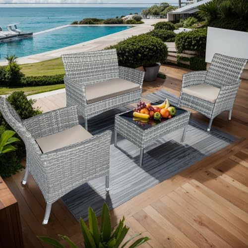 Patio Furniture Set 4 Pieces,Rattan Wicker Double Sofa, Coffee Table,Conversation Outdoor Sets, with Coffee Table and Soft Cushions, Garden Balcony Backyard Lounge Chairs (Black+Khaki Cusion)
