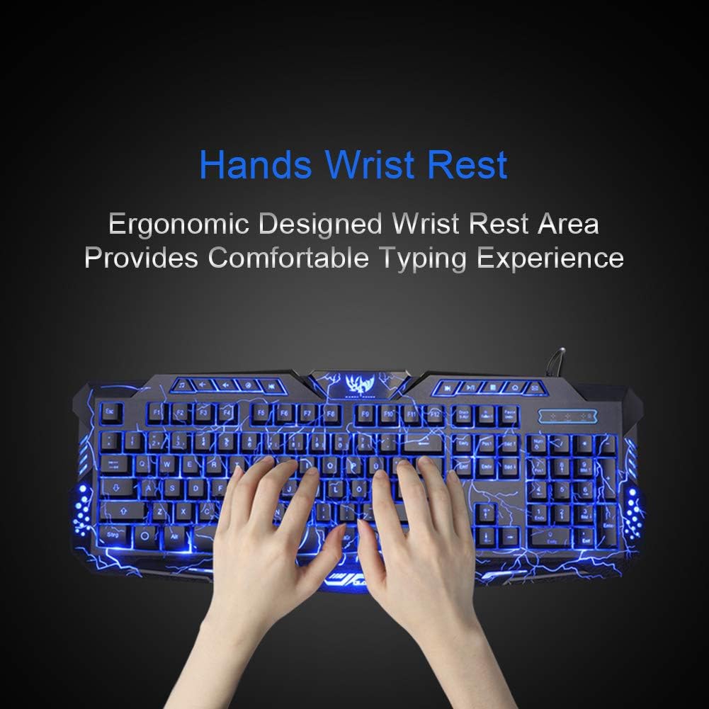 BlueFinger Backlit Gaming Keyboard and Mouse and LED Headset Combo,USB Wired 3 Color Crack Backlit Keyboard,Blue LED Light Gaming Headset,Gaming Keyboard Mouse Headphone Set for Work and Game