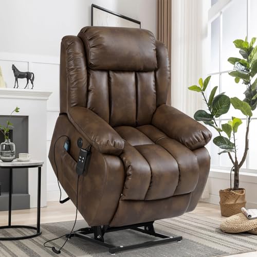 Large Power Lift Chairs Recliners for Elderly with Heated and Massage,Infinite Position Overstuffed Wide Power Lift Recliner，4 Positions, Breathable Leather, USB Ports and Remote Controls (Dark Blue)
