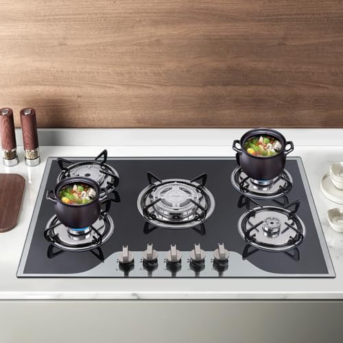 30" Gas Cooktop LPG/NG, 5 Burners Gas Stove Gas Hob Stovetop, Built-in Gas Stove Top, Thermocouple Protection, Stainless Steel Gas Hob with Power Boil, Simmer, Continuous Grates