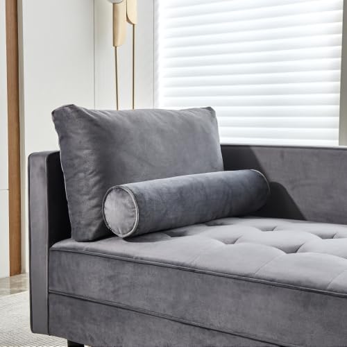 Velvet Chaise Lounge Chair, Modern Upholstered Velvet Chaise with Tufted Cushion, Sofa Recliner Lounge Chair with Adjustable Armrest and Pillows, Sleeper Chair for Living Room, Bedroom Office, Gray