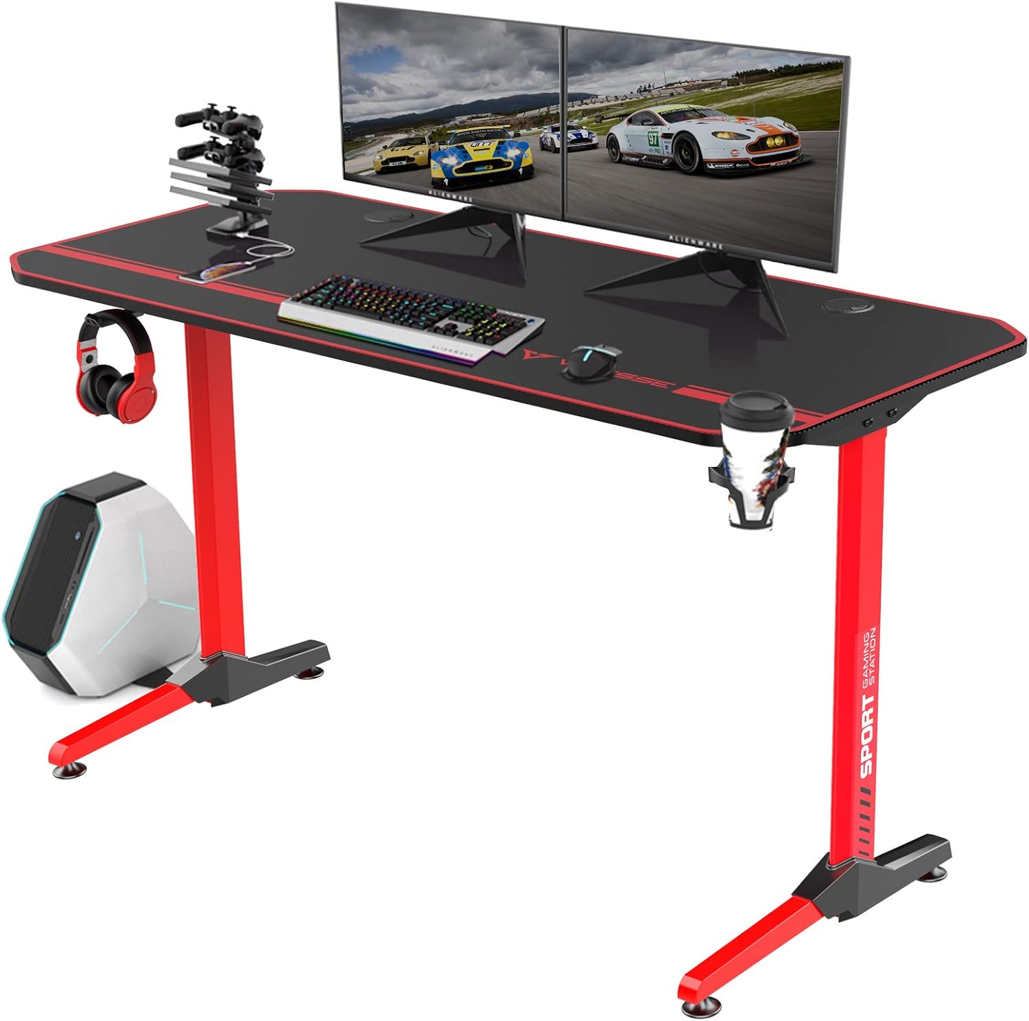 VITESSE 55 inch Gaming Desk, Gaming Computer Desk, PC Gaming Table, T Shaped Racing Style Proitessfessional Gamer Game Station with Mouse pad, USB Gaming Handle Rack, Cup Holder Headphone Hook