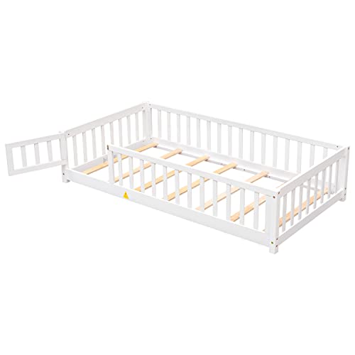 Toddler Floor Bed,Twin Size Floor Bed with Safety Guardrails and Slats, Wooden Floor Bed Frame Without Door, No Box Spring Needed,for Kids Girls & Boy Gray