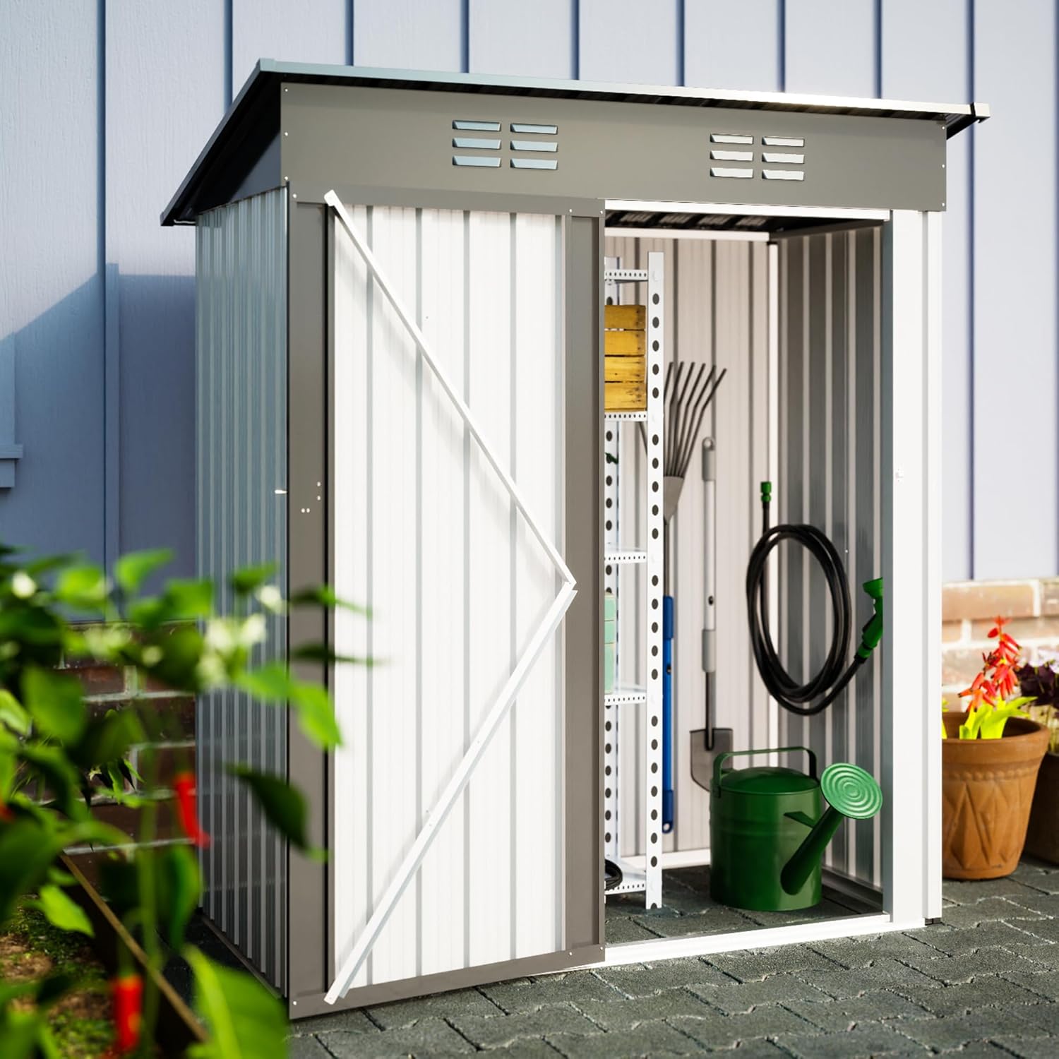 Metal Storage Shed 5x3 FT, Metal Utility Tool Sheds & Outdoor Garden Storage Cabinet with Latches and Lockable Doors for Patio Furniture, Backyard, Lawn, Meadow, Farmland