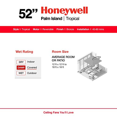 Honeywell Ceiling Fans Palm Lake, 52 Inch Tropical Indoor Outdoor Ceiling Fan with Light, Pull Chain, Three Mounting Options, 5 Palm Leaf Blades, Reversible Motor - 50509-01 (White)