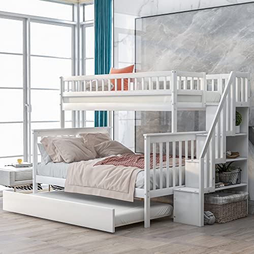 Twin Over Twin Size Bunk Bed with Trundle and Storage Stairs, Solid Wood Stairway Triple Bunk Beds Stairway and Full-Length Guard Rail for Kids Teens Adults Bedroom, Can Be Divided