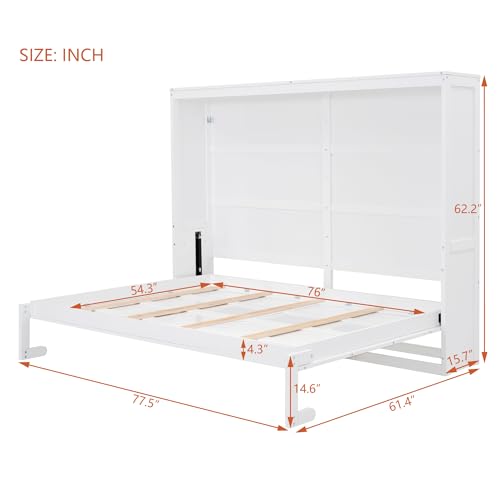MERITLINE Queen Horizontal Murphy Bed Cabinet with Storage Bookcase Shelves and Charging Station,Wood Folding Grey Murphy Wall Bed for Adult