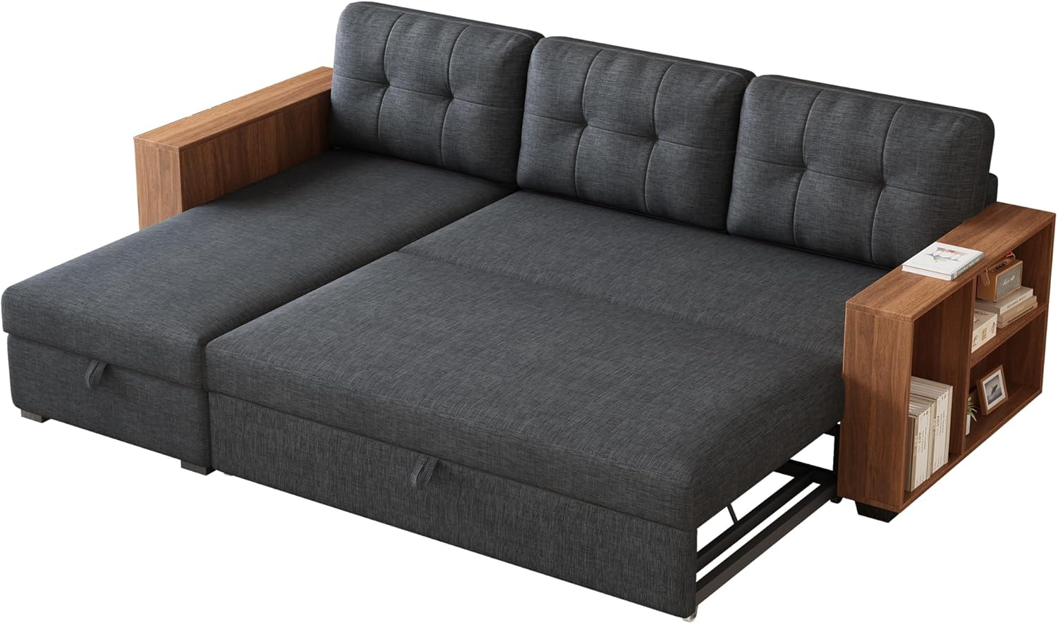 84" Pull Out Sectional Couch with Storage Chaise,L-Shape Upholstered Reversible Sofa Bed W/Hidden Wood Shelf Armrests,Linen Corner Sleeper for LivingRoom Office Apartment,Dark Grey
