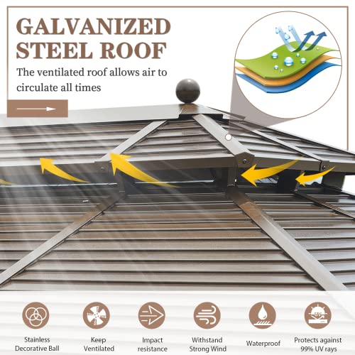 EROMMY 14'x20' Hardtop Gazebo Double Roof Galvanized Steel Canopy Outdoor Aluminum Frame Permanent Metal Pavilion with Netting and Curtains for Patio Backyard Deck and Lawns