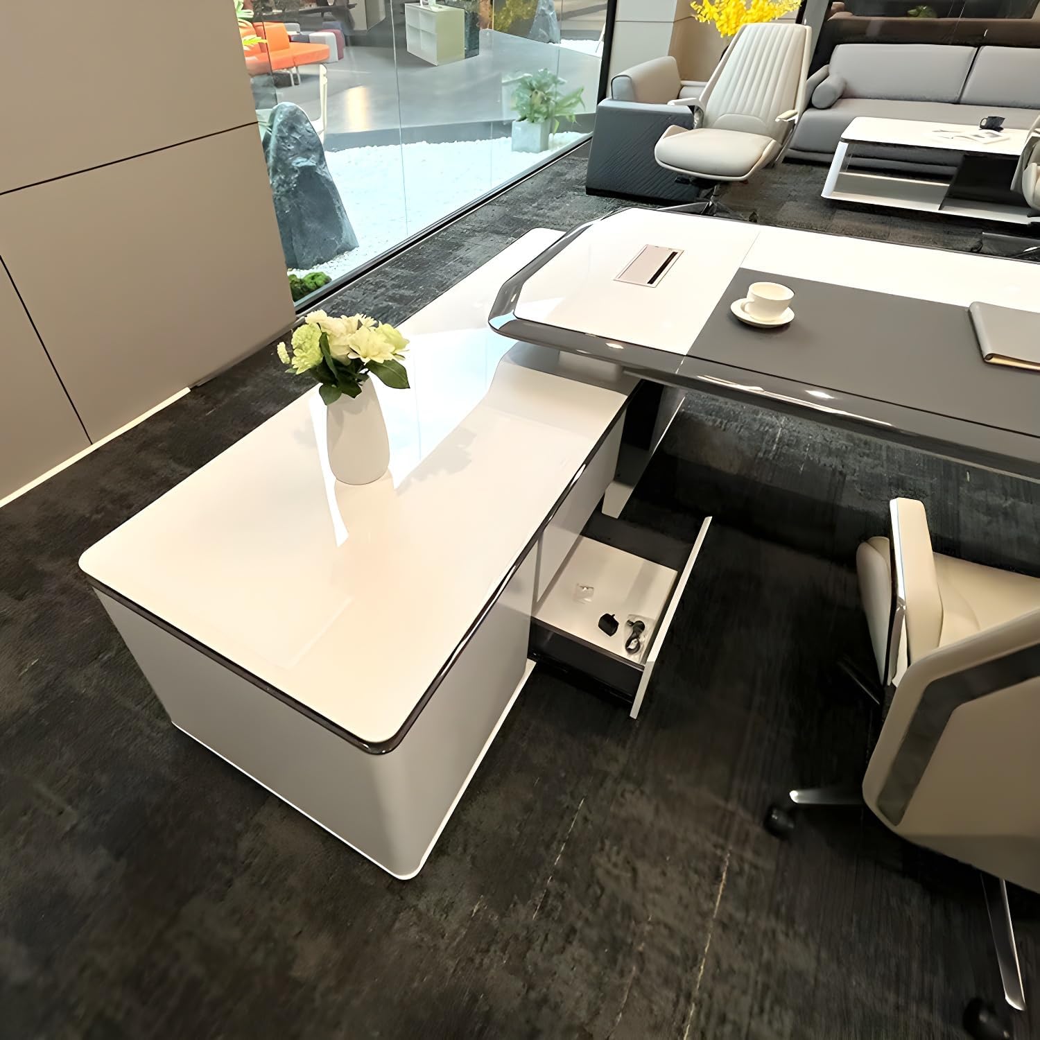Modern White L-Shape Executive Desk with Cable Management and Built-in Storage, Piano Inspired L-Shaped Workstation Home Office Desk 94.5" L x 31.5" W x 29.5" H, Right Hand Return