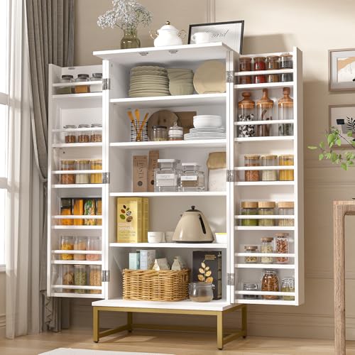 51” Pantry Cabinets, White Freestanding Kitchen Pantry Storage Cabinet with Adjustable Shelves, Buffet Cupboards Storage Cabinet for Home Office Use, White + Gold