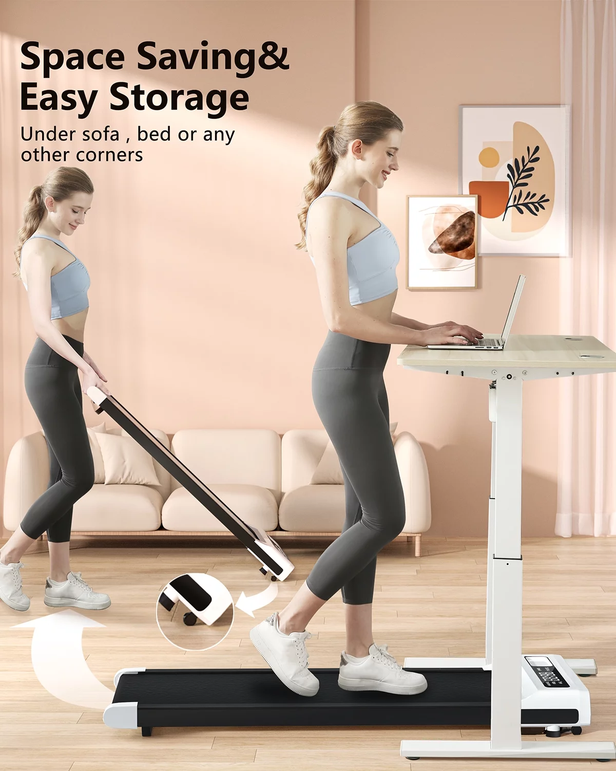 JURITS Walking Pad 2 in 1 for Walking and Jogging, Under Desk Treadmill for Home Office with Remote Control, Portable Walking Pad Treadmill Under Desk, Desk Treadmill in LED Display,White