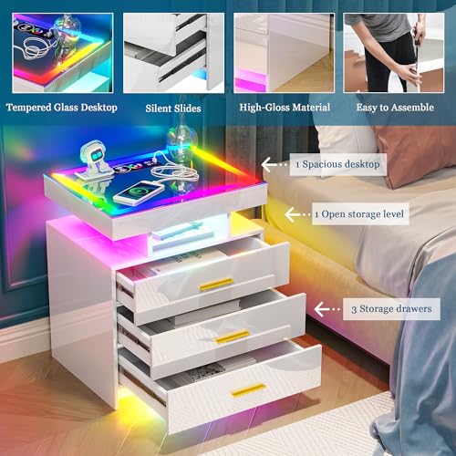 HNEBC LED Nightstand with Wireless Charging Station, Night Stand with 3 Drawers for Bedroom Furniture,End Side Table has Dancing Lights, 20 Color Dimmable Auto Sensor Modern Bedside Table Black