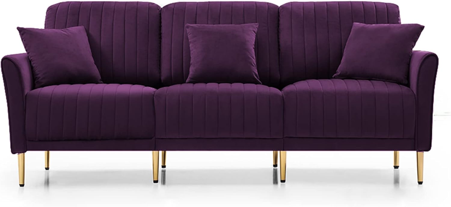 Ghislaine 3-Piece Sectional Sofa Set, Modern Velvet Upholstered Sofa Couch with Sturdy Metel Legs for Living Room, Apartment, 3-Seater Sofa + 2 Piece Loveseat Sofa, Purple