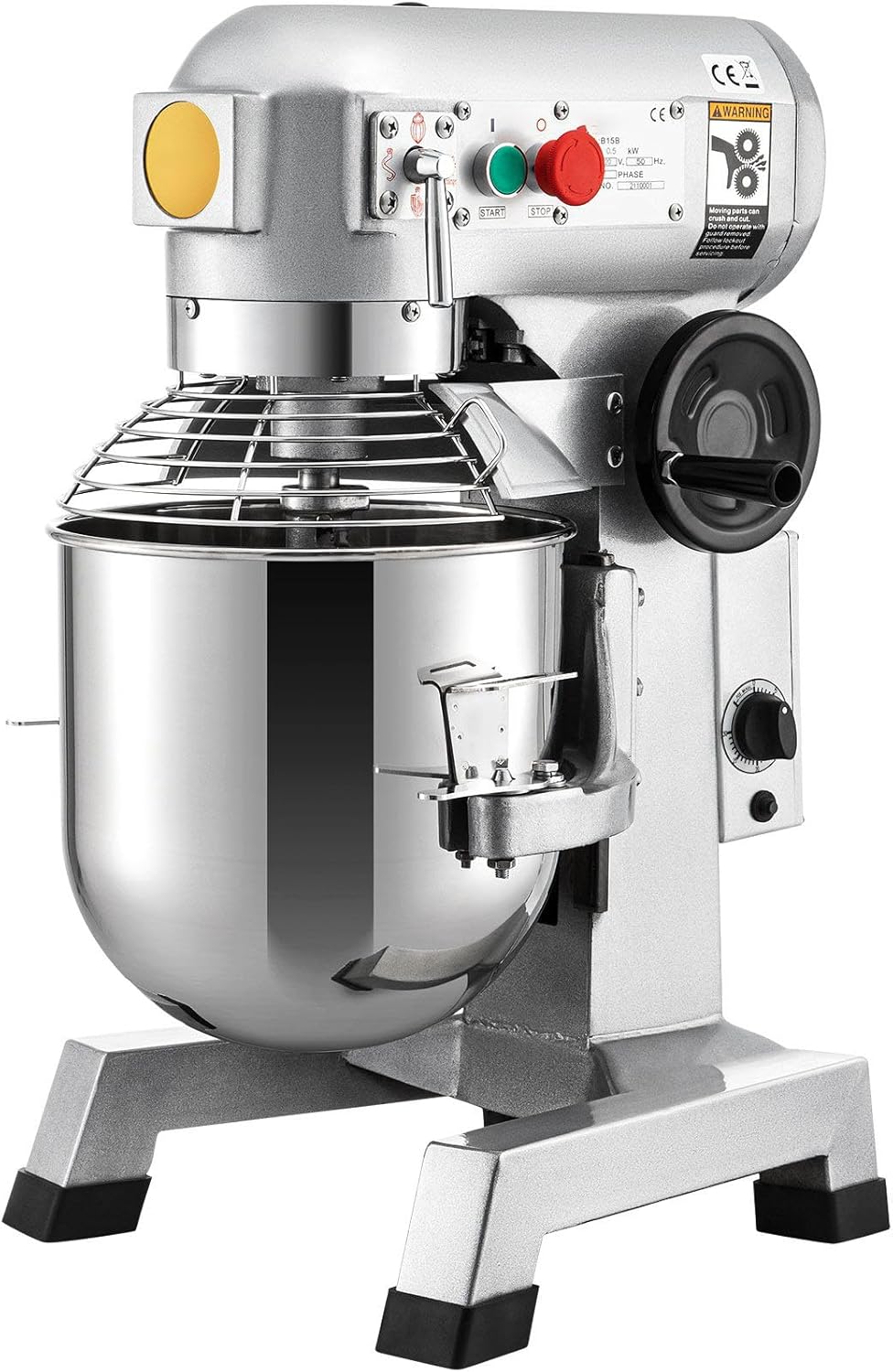 Heavy Duty 15Qt Commercial Food Mixer with Timing Function, 500W Stainless Steel Bowl, 3 Adjustable Speeds - Dough Hook Whisk Beater Included - Perfect for Bakery Pizzeria