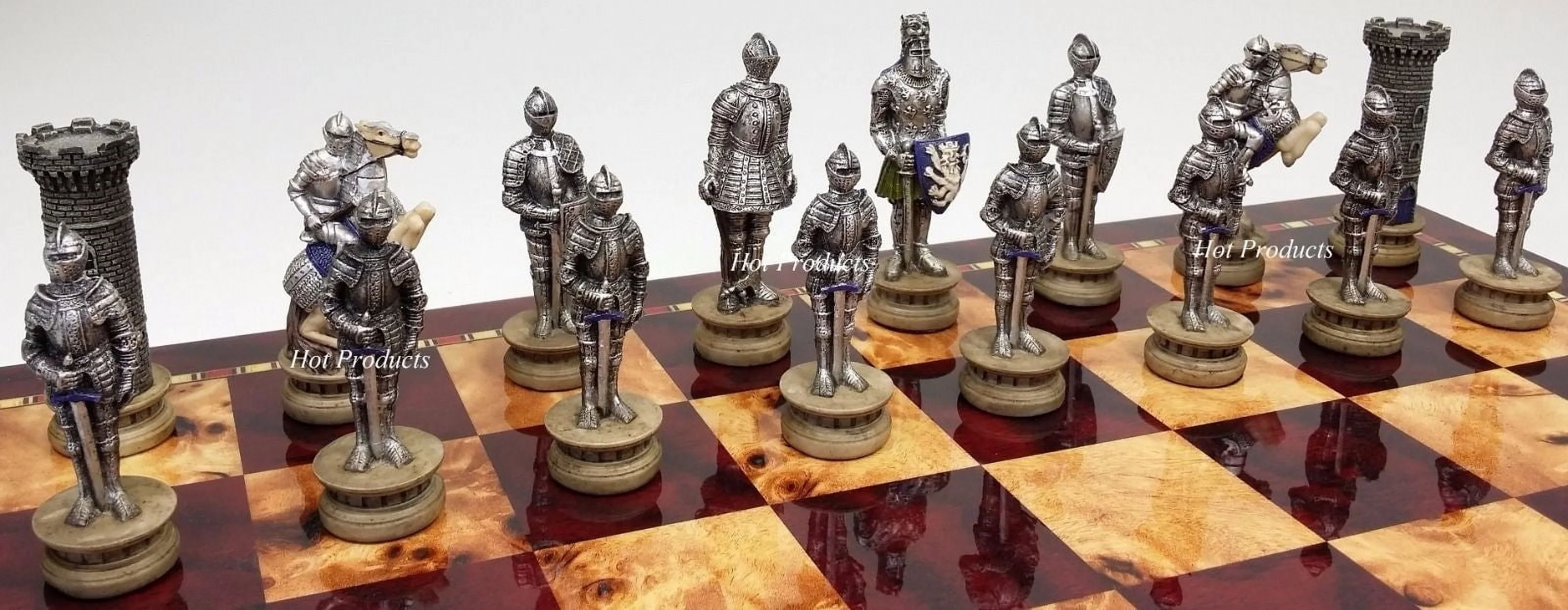 Medieval Times Crusades Gold &Silver Armored Knights Chess Set W/ 18 High Gloss Cherry &Burlwood Color Board