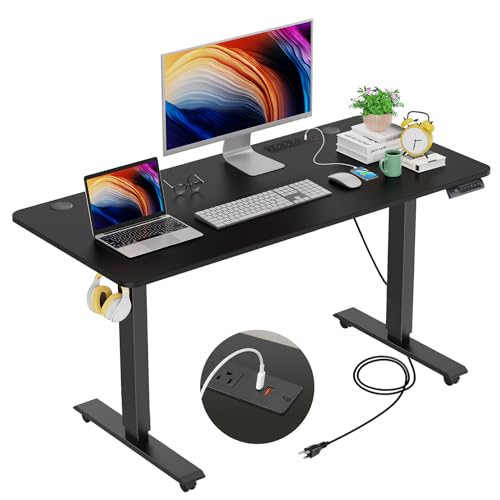 farexon Electric Standing Desk 55 x 24In with Charging Station, Stand up Desk with Oversized Mouse Pad, 2 USB Ports & 3 Power Outlets, 4 Caster, 4 Preset Heights Easy to Set（Brown）