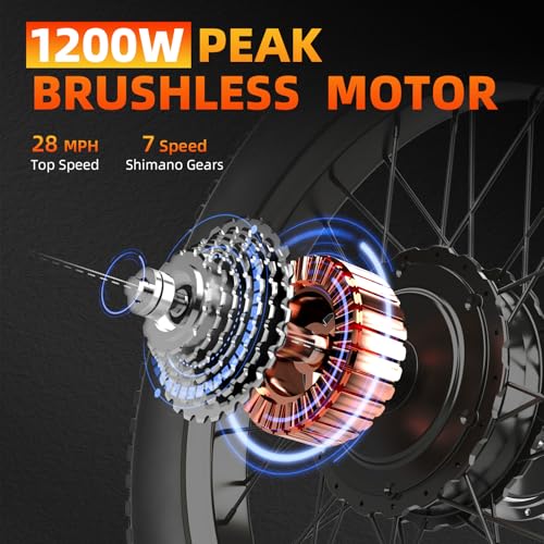 Fat Tire Electric Bike for Adults 20" 1200W Peak Mountain Ebike Commuting Off-Road E-Bike 7 Speed Pedal Assist Electric Bicycle with 48V Removable Battery Up to 70 Miles 28 MPH