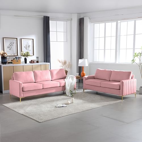 Pink Couches for Living Room Set, Comfy Tufted Velvet Couch Sofa Set Muebles Para Sala Modernos Juego De Sala Modern Living Room Furniture Sets 3 Piece ( 3 Seater Couch and Loveseat and Chair)