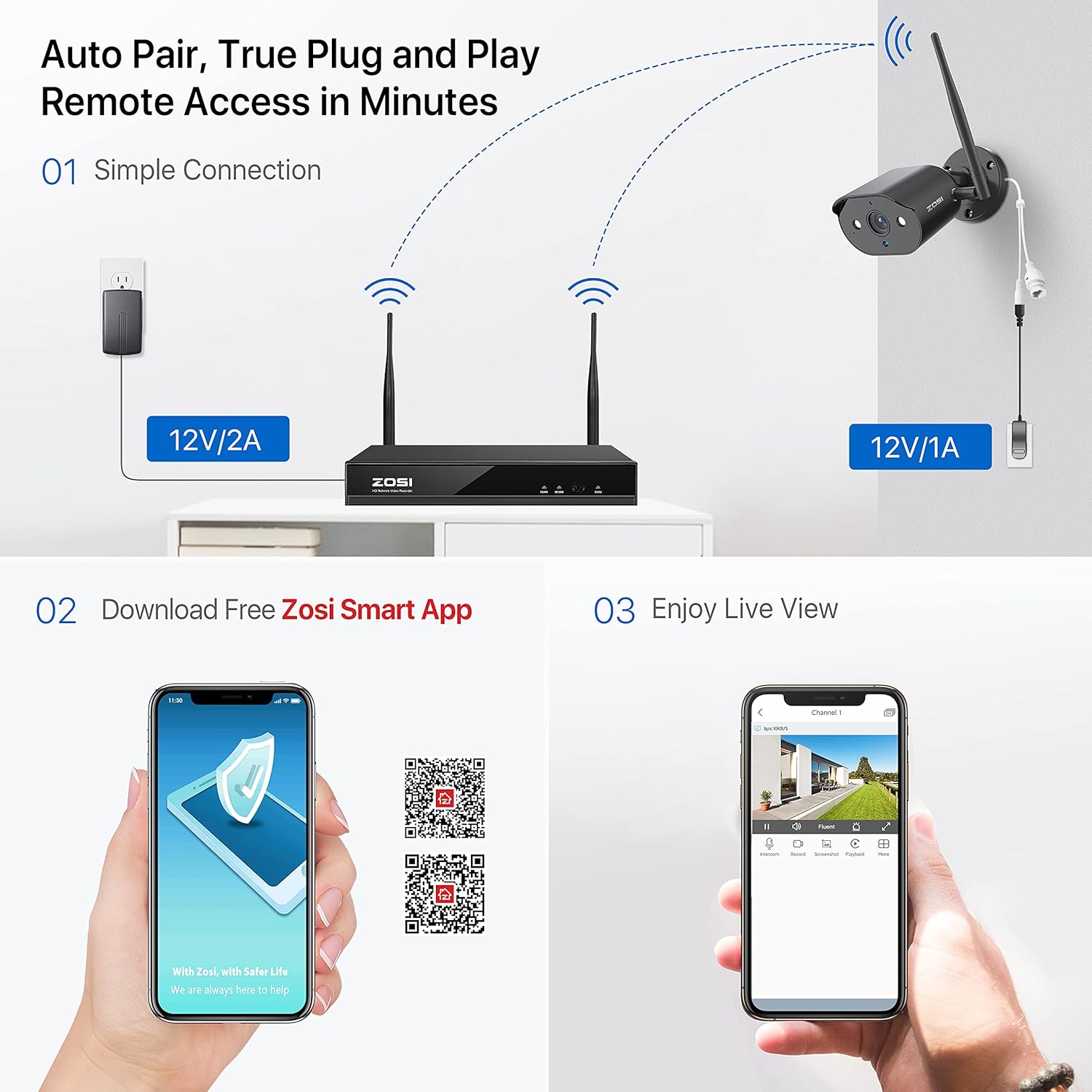 ZOSI Wireless Security Camera System, 2K H.265+ 8 Channel CCTV NVR with Hard Drive 1TB and 4pcs 1080P WiFi IP Camera Outdoor Indoor with Spot Light & Sound Alarm, 2-Way Audio,Human Motion Alerts