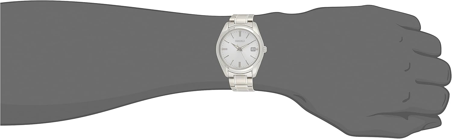 Seiko SUR307 Watch for Men - Essentials - Silver Dial with Sunray Finish, Date Calendar, LumiBrite Hands, Stainless Steel Case & Bracelet, and 100m Water Resistant