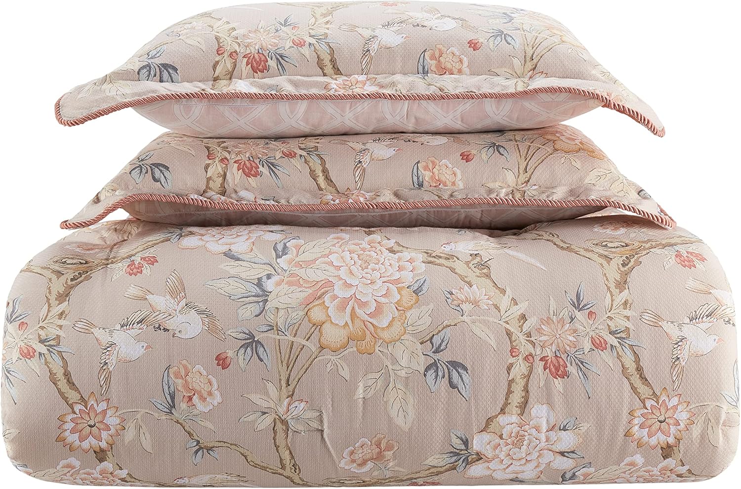 Waverly Peony Gardens 4 Piece Cotton Comforter Set, Embellished All Season Bedding, includes One Comforter, One Bed Skirt and Two Pillow Shams, Machine Washable Queen Bed Set, Taupe