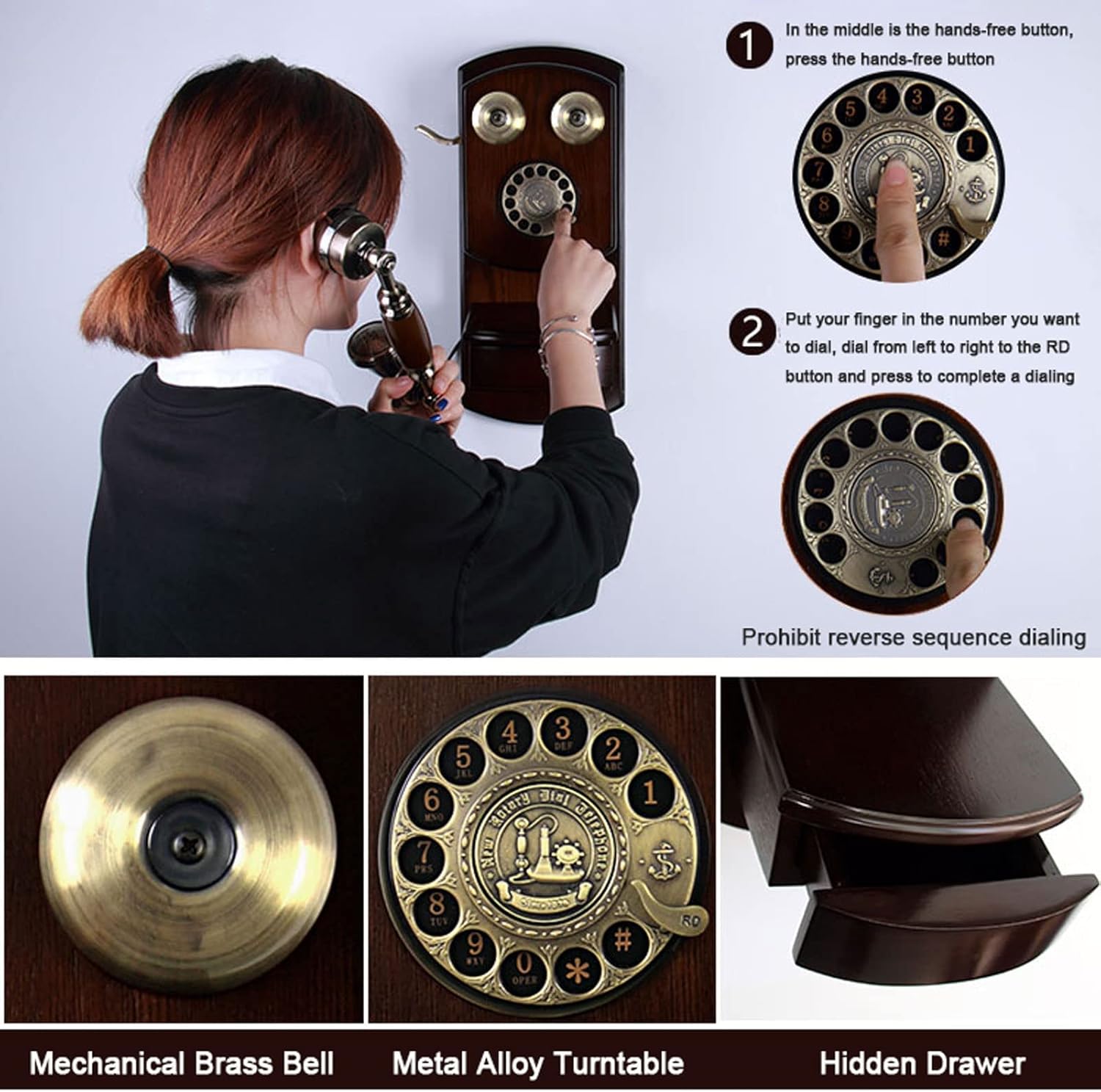 Retro Antique Corded Landline Phone, Classic Old Fashioned Rotary Dial Telephone Decor for Home Desk Decoration Ornament