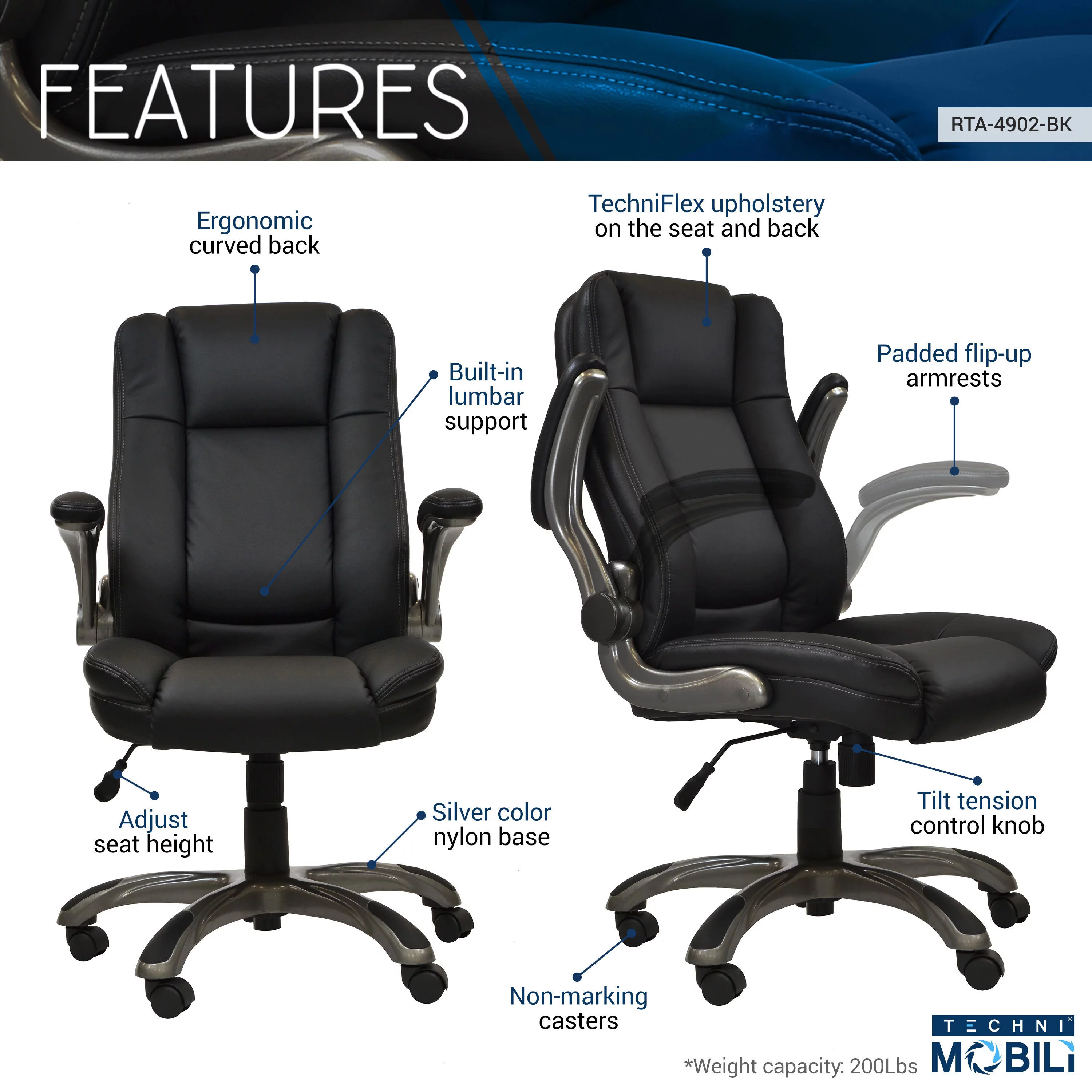 Ergo Flex Executive Office Chair with Flip-up Arms - Black