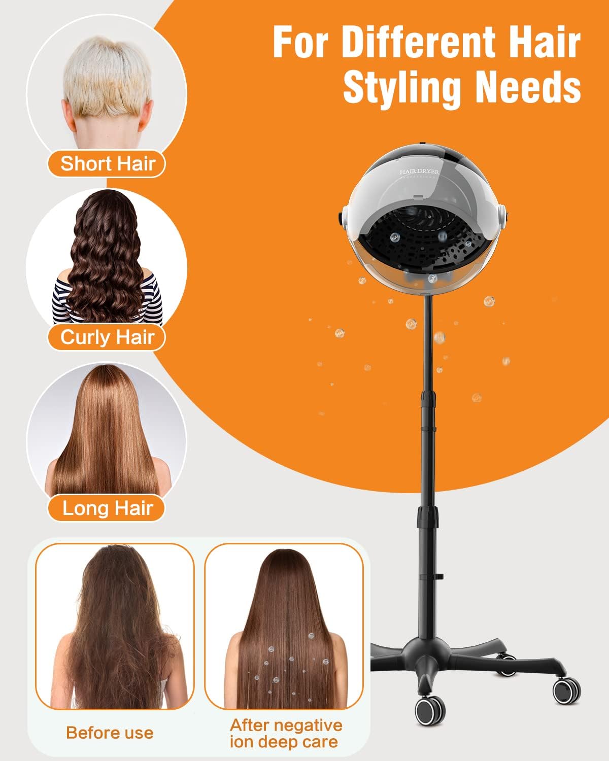 Ionic Hooded Hair Dryer, 1875W Professional Height Adjustable Standing Hair Dryer Bonnet with 3 Temperature Settings, Portable Salon Dryer with Rolling Wheels for Home & Hairstylist