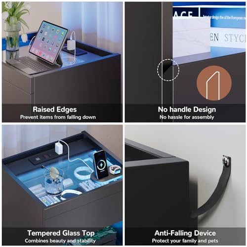 VIAGDO Set of 2 Nightstands with Charging Station and LED Lights, LED Night Stand Set 2 with 2 Drawers and Drawer Organizer, Modern Glass Top Bedside Tables, End Side Tables for Dorms, Bedrooms
