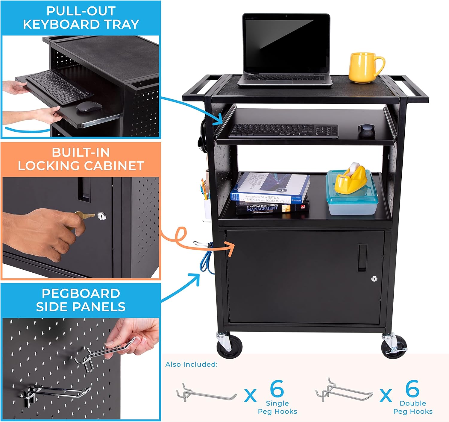 Line Leader Stellar AV Cart | Computer Cart with Pegboard Siding & 12 Hooks for Customizable Storage | Locking Cabinet & Pullout Keyboard Tray | UL Safety Certified Power Outlets | Locking Wheels