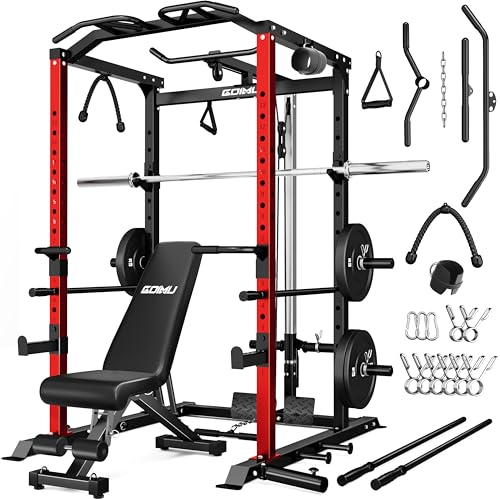 C1-V4 Power Cage, 2000LBS Squat Rack with LAT Pulldown, Multi-Function Weight Cage Strength Training Machine, Workout Cage with More Attachments for Home Gym Garage