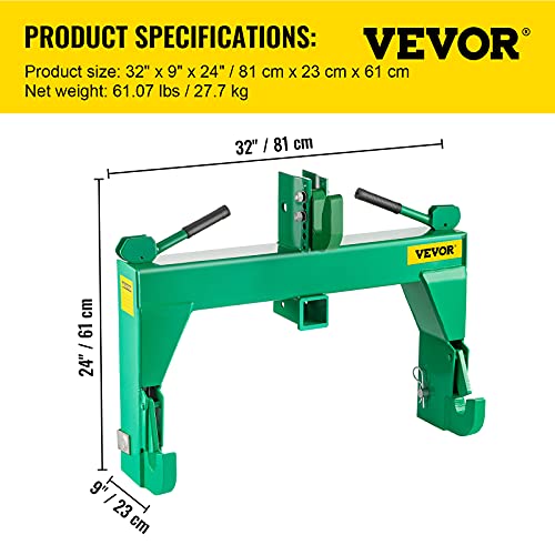 VEVOR 3-Point Quick Hitch, 3000 LBS Lifting Capacity Tractor Quick Hitch, 28.31" Between Lower Arms Attachments Quick Hitch, 5 Level Adjustable Bolt, Adaptation to Category 1 & 2 Tractor,Green
