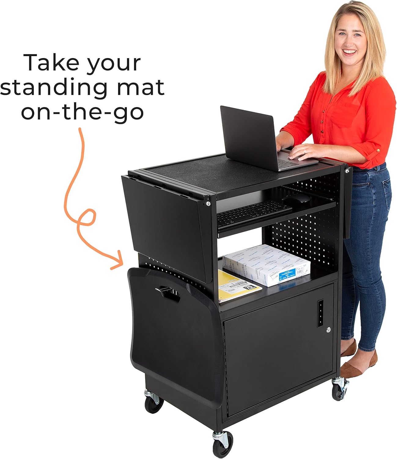 Line Leader Stellar AV Cart | Computer Cart with Pegboard Siding & 12 Hooks for Customizable Storage | Locking Cabinet & Pullout Keyboard Tray | UL Safety Certified Power Outlets | Locking Wheels