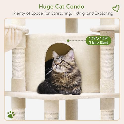 Globlazer Corner Cat Tree for Large Cats, 66inch Tall Curved Series Large Cat Tower for Multiple Indoor Cats with 6 Scratching Posts, 2 Spacious Cat Condos, Hammock, Hanging Basket, C66, Beige