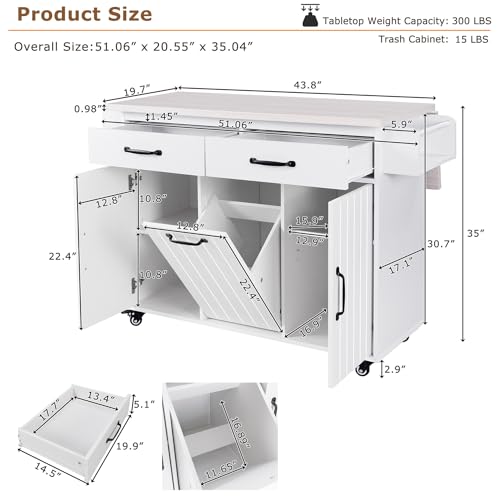 Kitchen Island with Trash Can Storage Cabinet, Kitchen Cart with Drop Leaf, Spice Rack, Towel Rack and 2 Drawers, Rolling Kitchen Island on Wheels with Adjustable Shelf, Brown