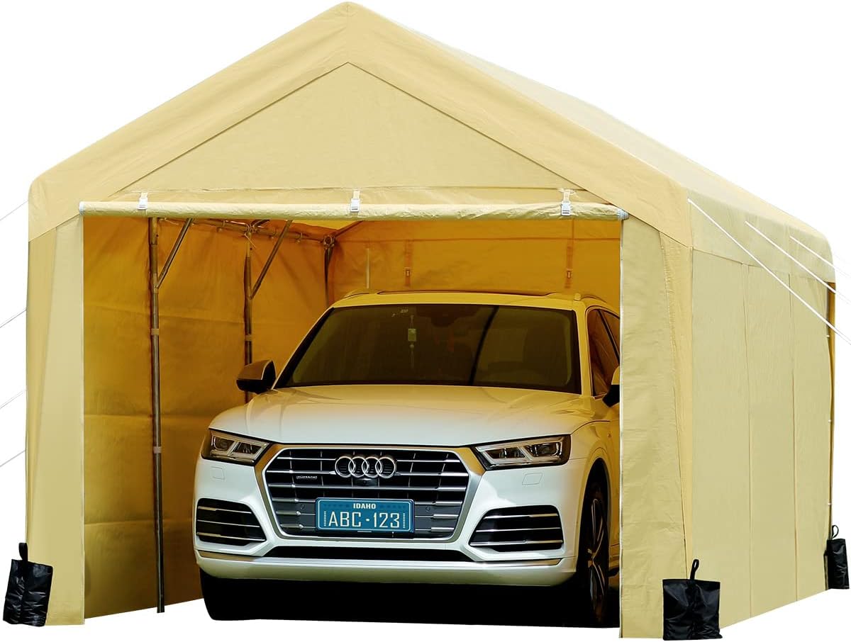 Finfree 10 x 20 ft Carport Heavy Duty Car Canopy W/ Removable Sidewalls and Doors and 4 sandbags, Garage Shelter for Outdoor Party, Birthday, Garden, Boat,Beige
