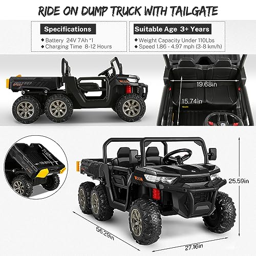 Hikole Two Seater Ride on Cars for Kids, 6x6 24V Kids UTV with Dump Bed&Shovel, 6 EVA Tires, Spring Suspension, LED Light, Music, Bluetooth, USB, Side by Side Electric Dump Truck for Boys 3-8, Blue