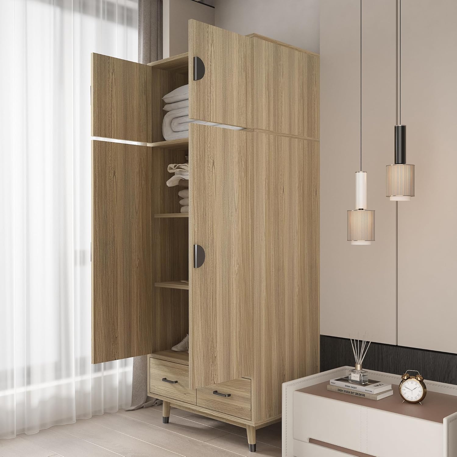 Armoire Wardrobe Closet 2-Door Storage Pantry Cabinet Modern Wood Closet with 2 Drawers, Hanging Rod, Freestanding Pantry Cabinet for Bedroom, Oak