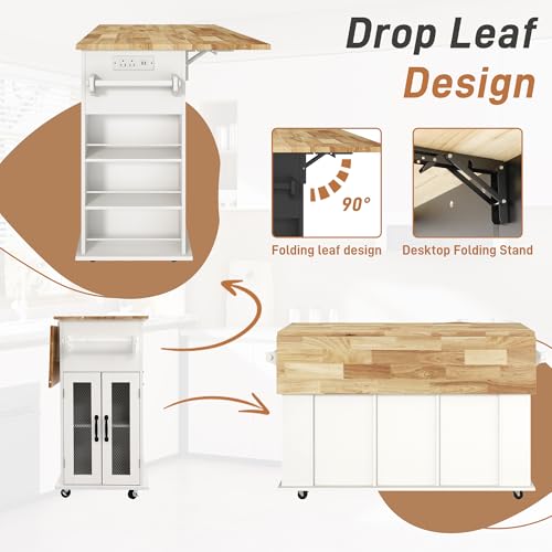59" Kitchen Island W/Power Outlet&Drop Leaf,Kitchen Rolling Island W/Spice Rack&Towel Rack&Drawers,Kitchen Island Cart W/Sliding Barn Door,Mobile Island Table W/Adjustable Shelves for Dining Room