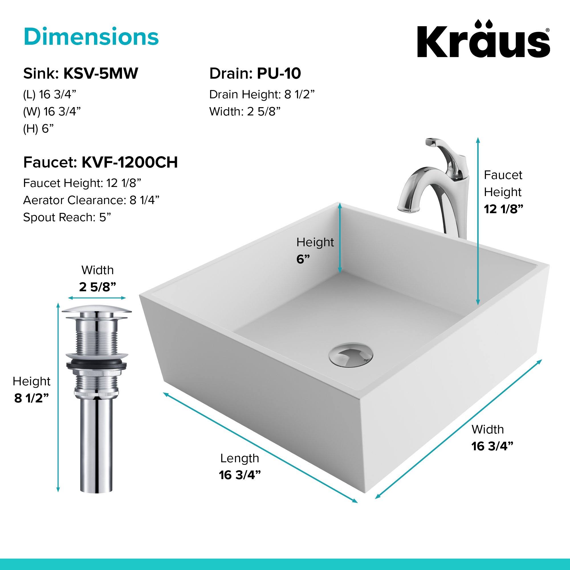 Kraus C-KSV-5MW-1200SFS Natura Series 16 4/5x22 White Matte Solid Surface Square Bathroom Vessel Sink and Spot Free Arlo Faucet