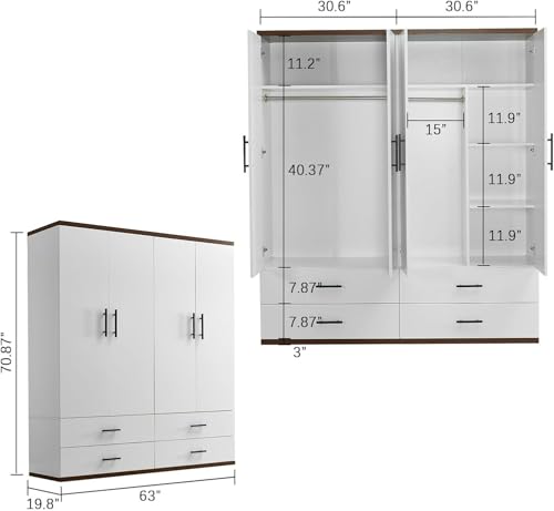 Wood Armoire Wardrobe Closet with 4 Doors, 2 Hanging Rods, 2 Drawers, Bedroom Armoire Organization with Mirror & Clothes Storage Cabinet Shelving 63" W x 20.4" D x 70.8 "H White