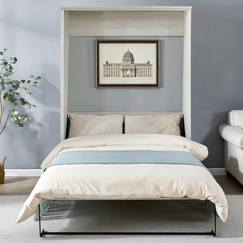 Queen Size Murphy Bed, Solid Wood Wall Cabinet Bed with Shelves, Folding Wall Bed Space-Saving Furniture Bed Frame for Guest Room, Bed Room, Study, Home Office, Rustic White Queen Size
