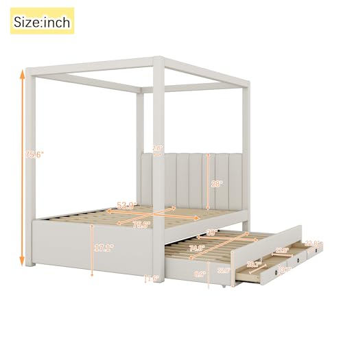 Twin Size 4 Poster Bed Canopy Bed with Upholstery Headboard, Built-in Trundle and 3 Drawers, for Kids Teens Adults, Beige