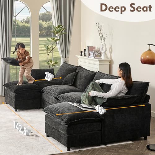 108" U Shaped Couch, Modular Sectional Sofa, 3-Seater Comfy Cloud Couch with Movable Ottoman, Deep Seat Couches for Living Room, Chenille, Black