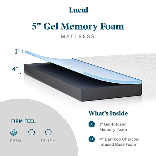 Lucid 5 Inch Firm Gel Memory Foam Mattress + Premium 100% Waterproof Cotton Terry Top Mattress Protector - Twin Size