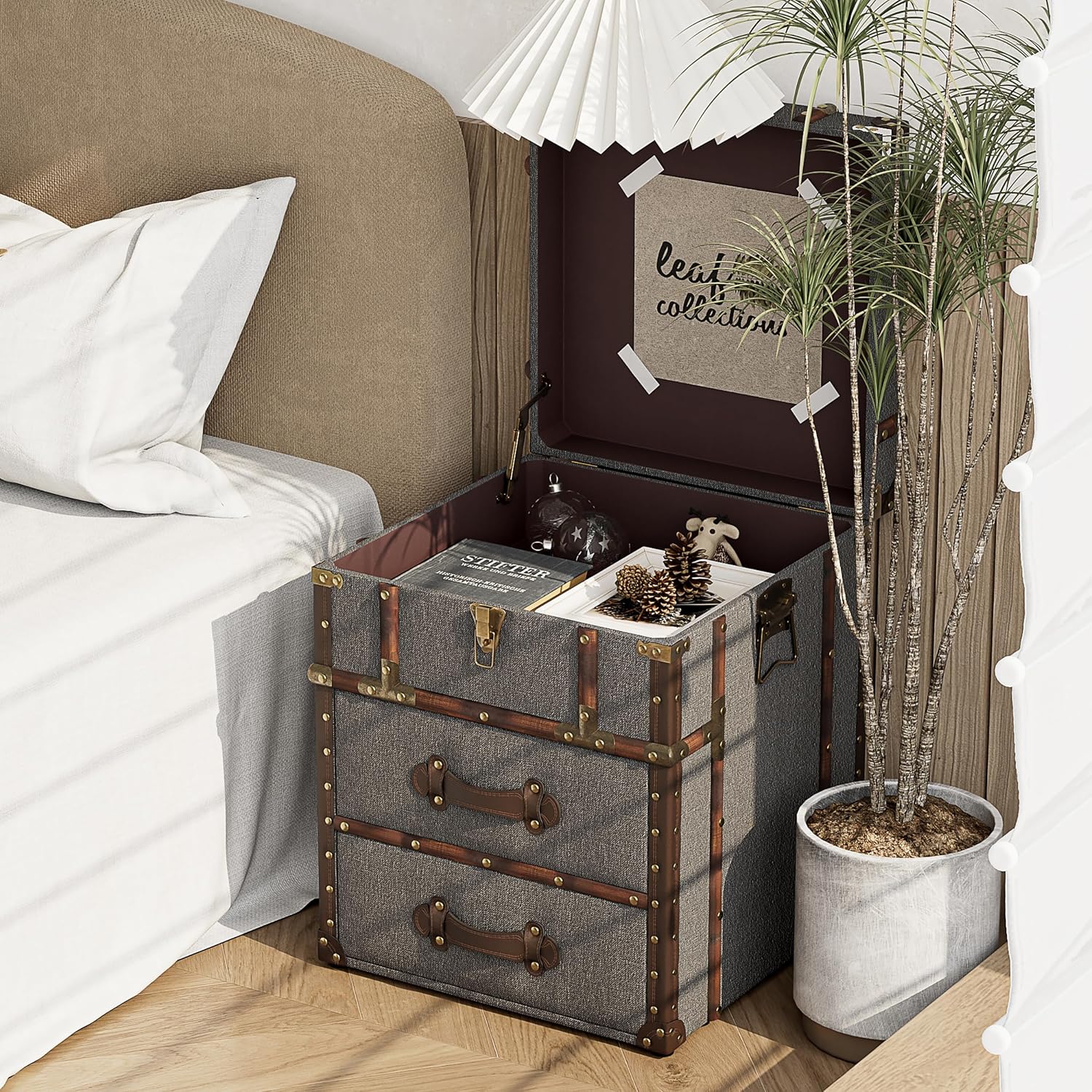 Vintage Storage Chest with Buckle Hinged Top, Linen Accent End Side Table for Living Room, Office, Bedroom, Rectangle, Grey