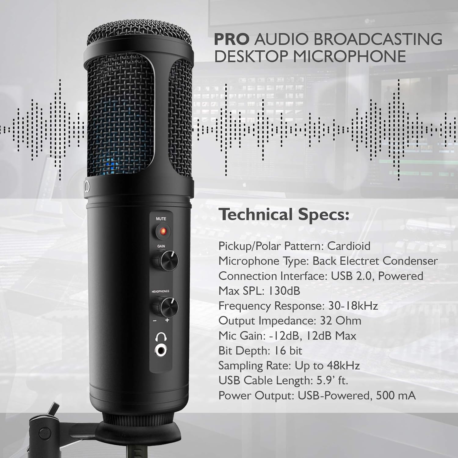 USB PC Recording Condenser Microphone - Blue LED, Adjustable Gain, Headphone Jack, Mute Control, Tripod Stand - Portable Pro Audio Condenser Desk Mic for Podcast Streaming Gaming - Pyle PDMIUSB50 Pack of 2