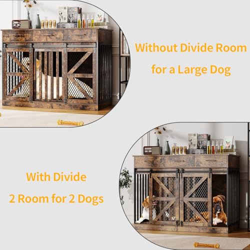 48'' Dog Crate Furniture with Removable Divider & Storage Drawers, Wooden Double Dog Cage TV Stand with 2 Sliding Barn Doors, Multi-Functional Dog Crate End Table for Indoor use (White)